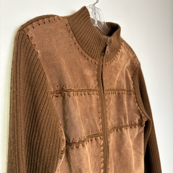 Vintage Wool Blend Suede Leather Patchwork Zip Cardigan Jacket Sweater Boho 70s - Picture 6 of 16
